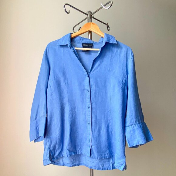 🍂 Tristan & Iseult 100% Linen Blue 3/4 Sleeve Boxy Button-Down Shirt - Picture 1 of 4